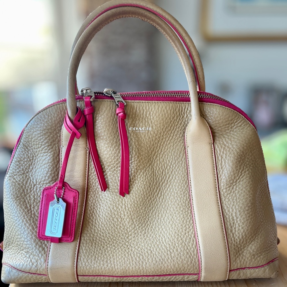 Coach Bleecker Edgepaint Preston Satchel Camel & Hot Pink